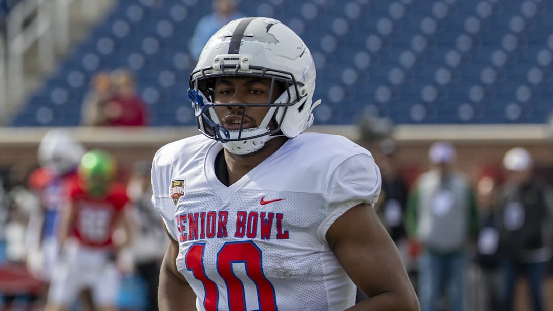 Jan 29, 2026; Mobile, AL, USA; National running back Nick Singleton (10) of Penn State practices during National Senior Bowl practice at Hancock Whitney Stadium. Mandatory Credit: Vasha Hunt-Imagn Images