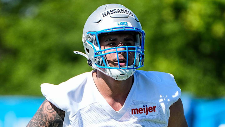 Detroit Lions defensive lineman Ahmed Hassanein (61) practices during rookie minicamp Detroit Lions defensive lineman Ahmed Hassanein (61) practices during rookie minicamp