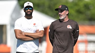 Jul 23, 2025; Berea, OH, USA; Cleveland Browns head coach Kevin Stefanski, right, and executive vice president, football operations & general manager Andrew Berry watch the team during training camp at CrossCountry Mortgage Campus. Mandatory Credit: Ken Blaze-Imagn Images