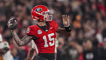 Nov 16, 2024; Athens, Georgia, USA; Georgia Bulldogs quarterback Carson Beck (15) passes the ball against the Tennessee Volunteers during the second half at Sanford Stadium. Mandatory Credit: Dale Zanine-Imagn Images