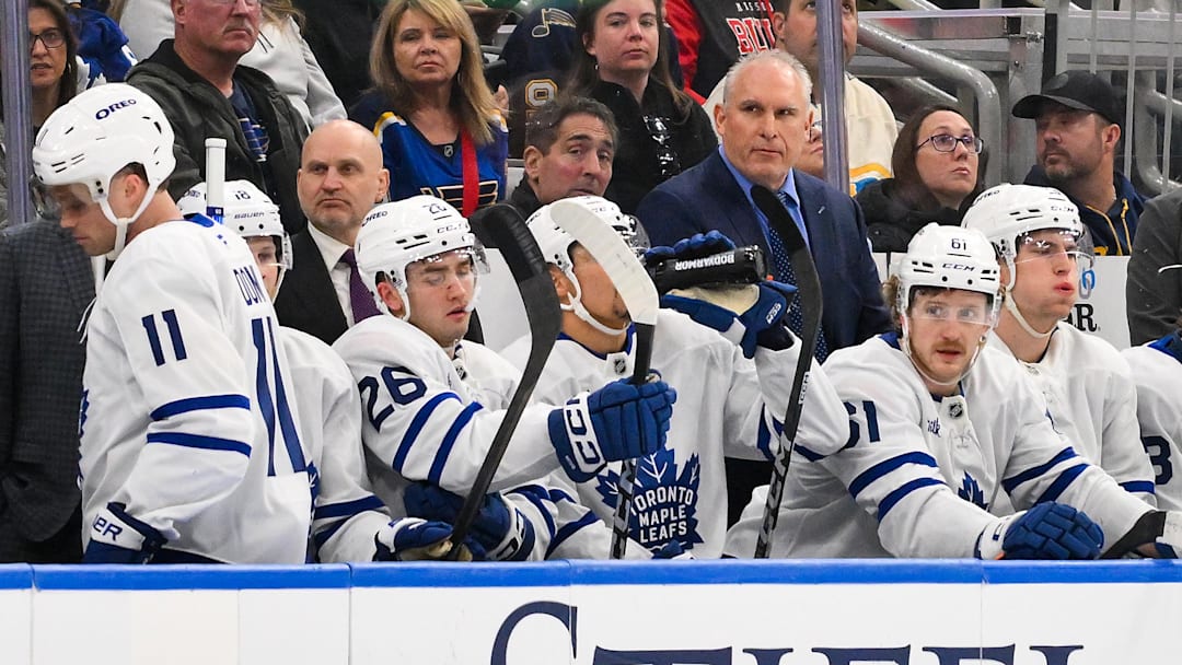 Mar 28, 2026; St. Louis, Missouri, USA; Toronto Maple Leafs head coach Craig Berube looks on from the bench during the third period against the St. Louis Blues at Enterprise Center. Mandatory Credit: Jeff Curry-Imagn Images