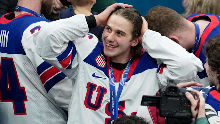 Jack Hughes of the United States celebrates the Milano Cortina 2026 Olympic Winter Games: James Lang-Imagn Images