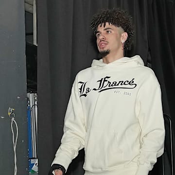 Apr 9, 2025; Toronto, Ontario, CAN; Charlotte Hornets guard LaMelo Ball (1) arrives at the Scotiabank Arena before a game against the Toronto Raptors. Mandatory Credit: Nick Turchiaro-Imagn Images