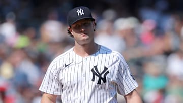 Sep 14, 2024; Bronx, New York, USA; New York Yankees starting pitcher Gerrit Cole (45) reacts during the fifth inning against the Boston Red Sox at Yankee Stadium. Mandatory Credit: Brad Penner-Imagn Images