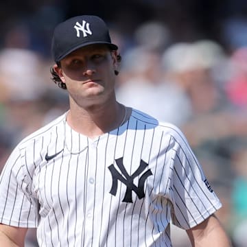 Sep 14, 2024; Bronx, New York, USA; New York Yankees starting pitcher Gerrit Cole (45) reacts during the fifth inning against the Boston Red Sox at Yankee Stadium. Mandatory Credit: Brad Penner-Imagn Images