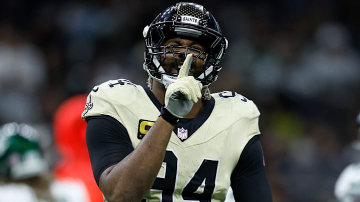 New Orleans Saints DE Cam Jordan celebrates after a play against the New York Jets on Dec. 21, 2025.