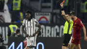 Referee Fabio MAresca shows a red card to Moise Kean of...