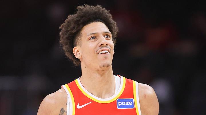Atlanta Hawks forward Jalen Johnson (1) reacts after a shot against the Milwaukee Bucks in the first quarter at State Farm Arena on March 14, 2026.