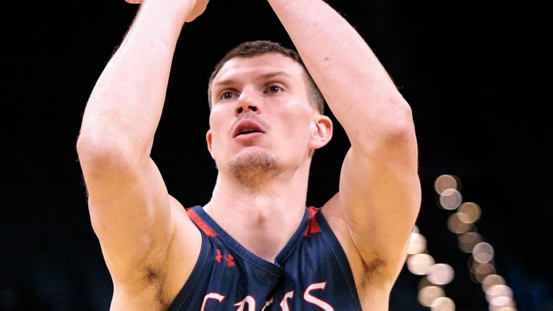 Mar 18, 2026; Oklahoma City, OK, USA; Saint Mary's Gaels forward Paulius Murauskas (23) shoots a free throws during a practice session ahead of the first round of the men's 2026 NCAA Tournament at Paycom Center. Mandatory Credit: William Purnell-Imagn Images