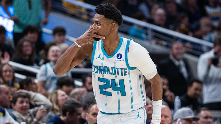 Feb 26, 2026; Indianapolis, Indiana, USA;  Charlotte Hornets forward Brandon Miller (24) celebrates a made basket in the second  half against the Indiana Pacers at Gainbridge Fieldhouse. Mandatory Credit: Trevor Ruszkowski-Imagn Images