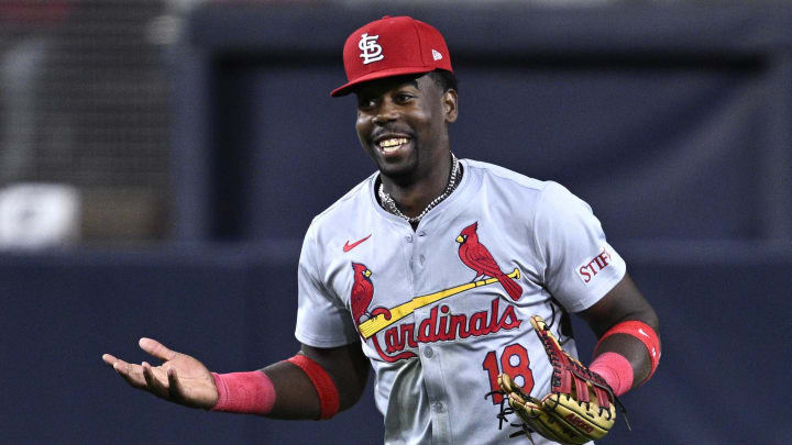 Apr 1, 2024; San Diego, California, USA; St. Louis Cardinals right fielder Jordan Walker (18) reacts after a catch to end the fifth inning against the San Diego Padres at Petco Park. 