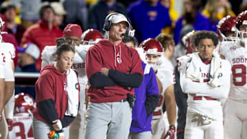 Nov 30, 2024; Baton Rouge, Louisiana, USA;  Oklahoma Sooners head coach Brent Venables looks on against the LSU Tigers during the fourth quarter at Tiger Stadium. 