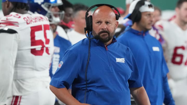 East Rutherford, NJ -- August 24, 2024 -- Giants head coach Brian Daboll in the first half. The New York Giants and New York Jets meet at MetLife Stadium in the final preseason game of the 2024 season for both teams.