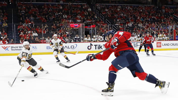 Oct 15, 2024; Washington, District of Columbia, USA; Washington Capitals left wing Alex Ovechkin (8) shoots the puck as Vegas Golden Knights center Brett Howden (21) defends in the first period at Capital One Arena. Mandatory Credit: Geoff Burke-Imagn Images Oct 15, 2024; Washington, District of Columbia, USA; Washington Capitals left wing Alex Ovechkin (8) shoots the puck as Vegas Golden Knights center Brett Howden (21) defends in the first period at Capital One Arena. Mandatory Credit: Geoff Burke-Imagn Images