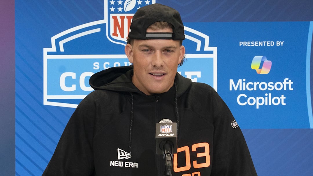 Feb 28, 2025; Indianapolis, IN, USA; Mississippi quarterback Jaxson Dart (QB03) answers questions at a press conference during the 2025 NFL Combine at Indiana Convention Center. Mandatory Credit: Stephanie Amador Blondet-Imagn Images