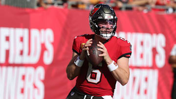 Dec 8, 2024; Tampa, Florida, USA; Tampa Bay Buccaneers quarterback Baker Mayfield (6) drops back against the Las Vegas Raiders during the second quarter at Raymond James Stadium. Mandatory Credit: Kim Klement Neitzel-Imagn Images