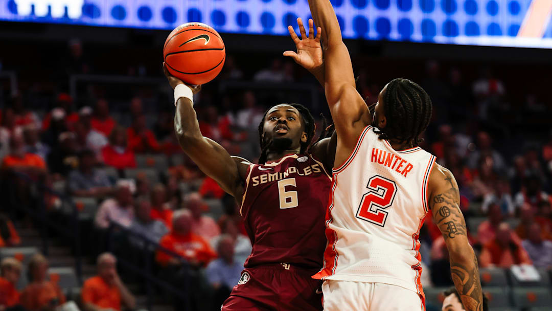 Florida State Seminoles guard Robert McCray V shoots against Clemson Tigers guard Dillon Hunter | February, 21, 2026
