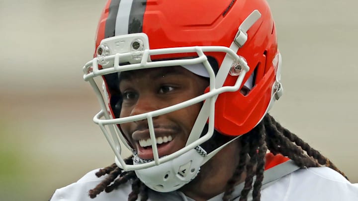 Cleveland Browns cornerback Martin Emerson Jr. chats with teammates during an NFL practice at the Cleveland Browns training facility on Wednesday, May 28, 2025, in Berea, Ohio.