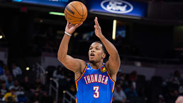 Oklahoma City Thunder guard Chris Youngblood (3) shoots the ball in the second half against the Indiana Pacers at Gainbridge Fieldhouse. 
