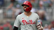 Jun 29, 2025; Cumberland, Georgia, Philadelphia Phillies right fielder Nick Castellanos (8) reacts to striking out during a game against the Atlanta Braves during the eighth inning at Truist Park