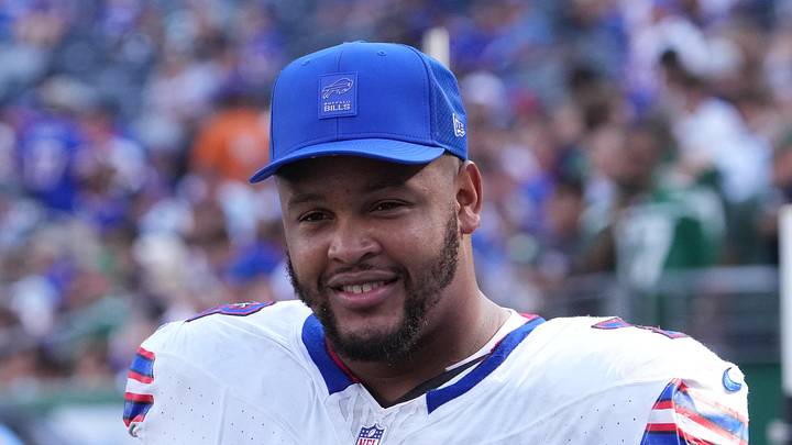 Sep 14, 2025; East Rutherford, New Jersey, USA;  Buffalo Bills offensive tackle Dion Dawkins (73) after the game against the New York Jets at MetLife Stadium. Mandatory Credit: Robert Deutsch-Imagn Images