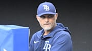 Aug 26, 2025; Cleveland, Ohio, USA; Tampa Bay Rays manager Kevin Cash (16) stands in the dugout in the first inning against the Cleveland Guardians at Progressive Field.