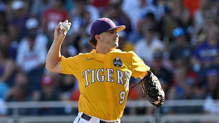 LSU Tigers pitcher Ty Floyd (9) pitches