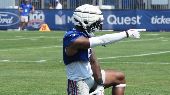 East Rutherford, NJ -- August 1, 2024 -- Wide receiver, Malik Nabers makes this TD catch from a Daniel Jones pass during practice today at training camp for the New York Giants.