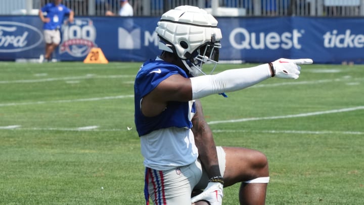 East Rutherford, NJ -- August 1, 2024 -- Wide receiver, Malik Nabers makes this TD catch from a Daniel Jones pass during practice today at training camp for the New York Giants. East Rutherford, NJ -- August 1, 2024 -- Wide receiver, Malik Nabers makes this TD catch from a Daniel Jones pass during practice today at training camp for the New York Giants.