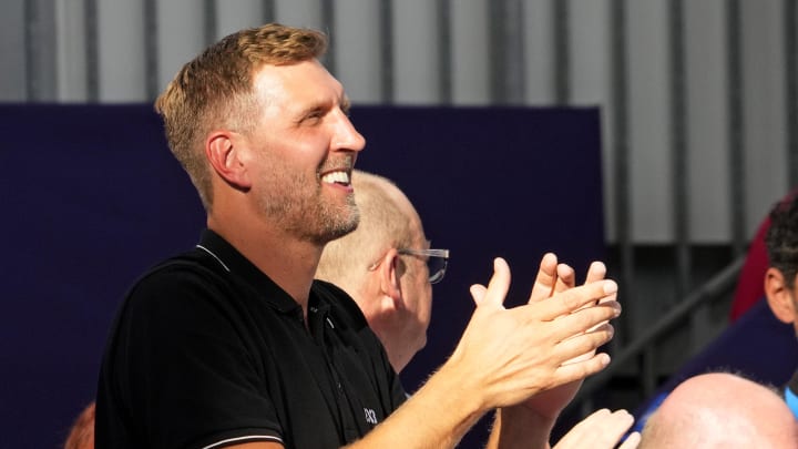 Aug 5, 2024; Paris, France; Germany Sonja Greinacher (14) celebrates with Dirk Nowitzki after Germany defeating Canada in the women’s 3x3 basketball semifinal during the Paris 2024 Olympic Summer Games at La Concorde 1. Mandatory Credit: Michael Madrid-USA TODAY Sports