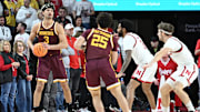 Mar 1, 2025; Lincoln, Nebraska, USA;  Minnesota Golden Gophers forward Dawson Garcia (3) looks to pass against the Nebraska Cornhuskers during the first half at Pinnacle Bank Arena. Mandatory Credit: Steven Branscombe-Imagn Images