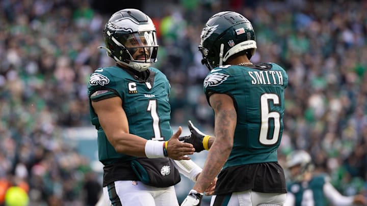 Philadelphia Eagles wide receiver DeVonta Smith and quarterback Jalen Hurts celebrate a touchdown.