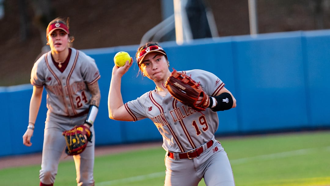 Boston College's Janis Espinoza prepares to throw the ball towards first base in Thursday's game against Florida Gulf Coast University.