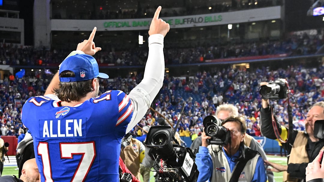 Buffalo Bills quarterback Josh Allen celebrates placekicker Matt Prater field goal to win against the Baltimore Ravens during the fourth quarter at Highmark Stadium.