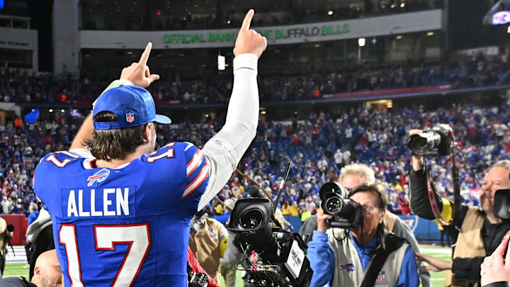 Buffalo Bills quarterback Josh Allen celebrates placekicker Matt Prater field goal to win against the Baltimore Ravens during the fourth quarter at Highmark Stadium. Buffalo Bills quarterback Josh Allen celebrates placekicker Matt Prater field goal to win against the Baltimore Ravens during the fourth quarter at Highmark Stadium.