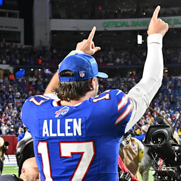 Buffalo Bills quarterback Josh Allen (17) celebrates the come-from-behind victory over the Baltimore Ravens.
