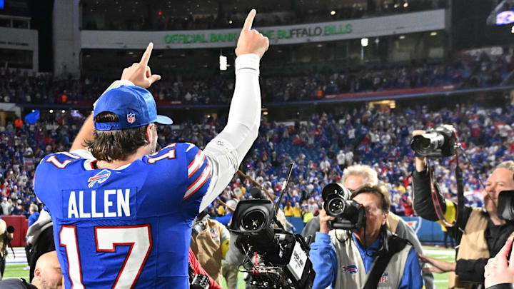 Buffalo Bills quarterback Josh Allen (17) celebrates the come-from-behind victory over the Baltimore Ravens. Buffalo Bills quarterback Josh Allen (17) celebrates the come-from-behind victory over the Baltimore Ravens.
