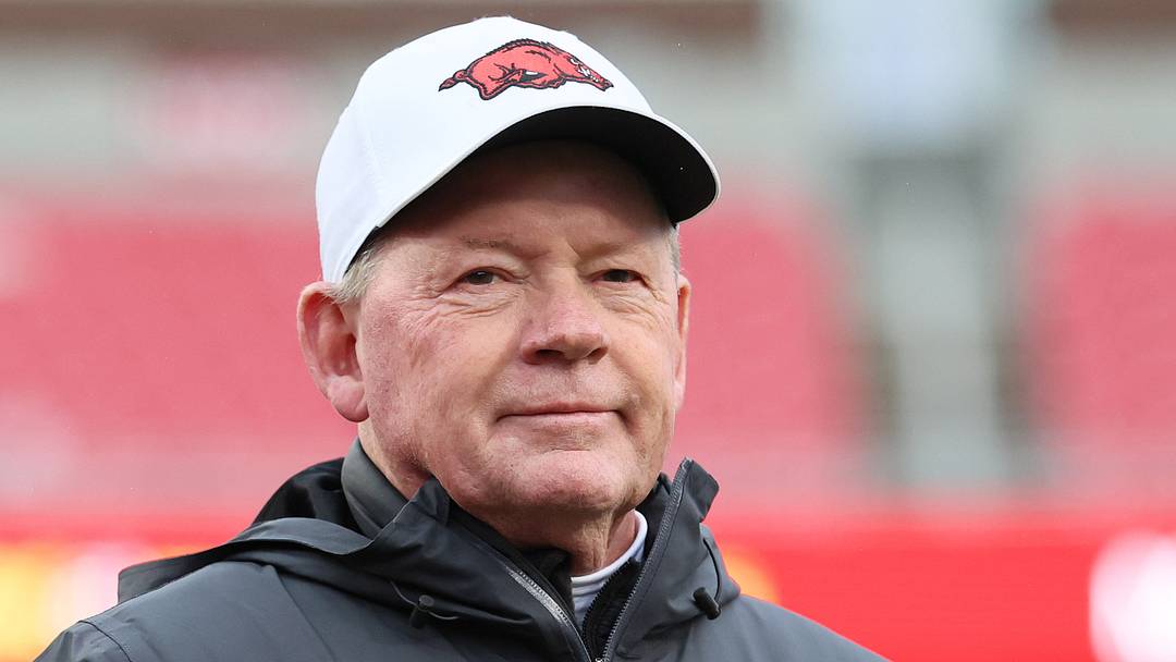 Nov 29, 2025; Fayetteville, Arkansas, USA; Arkansas Razorbacks interim head coach Bobby Petrino prior to a game against the Missouri Tigers at Donald W. Reynolds Razorback Stadium. Mandatory Credit: Nelson Chenault-Imagn Images