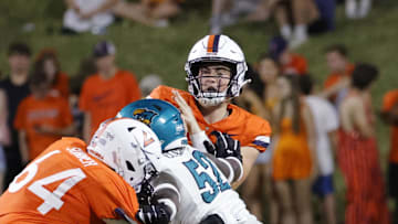 Aug 30, 2025; Charlottesville, Virginia, USA; Virginia Cavaliers quarterback Daniel Kaelin (10) throws the ball against the Virginia Cavaliers during the second half at Scott Stadium. Mandatory Credit: Amber Searls-Imagn Images