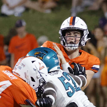 Aug 30, 2025; Charlottesville, Virginia, USA; Virginia Cavaliers quarterback Daniel Kaelin (10) throws the ball against the Virginia Cavaliers during the second half at Scott Stadium. Mandatory Credit: Amber Searls-Imagn Images