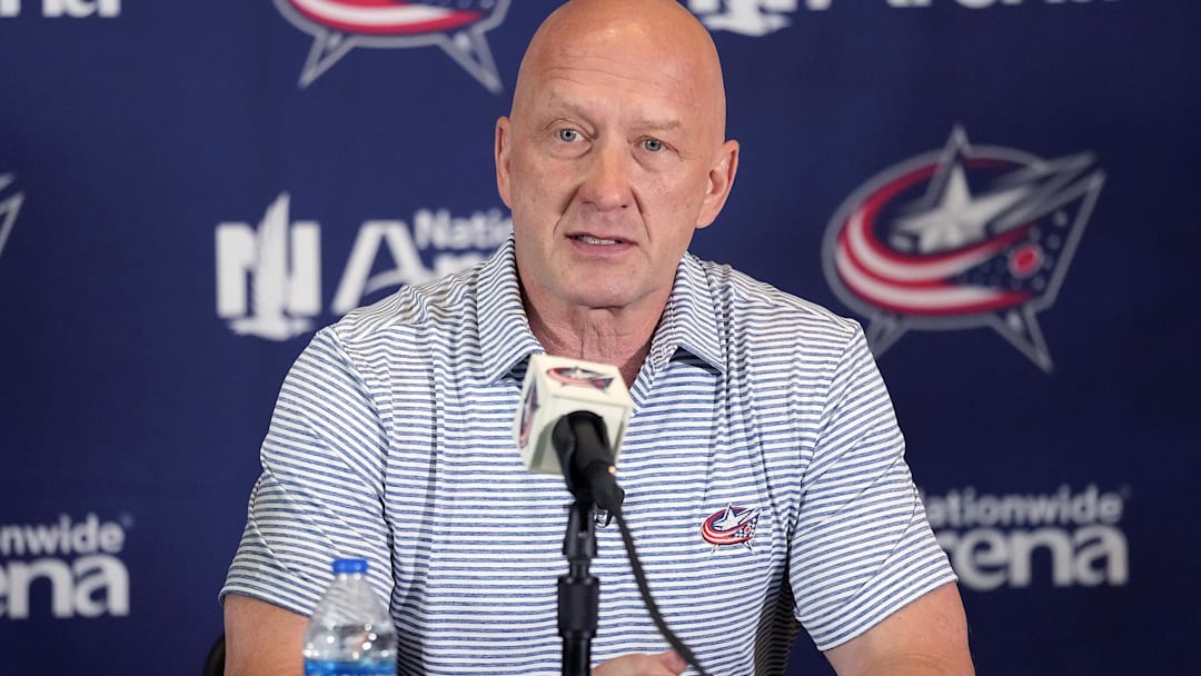 Jul 1, 2023; Columbus, OH, USA; Columbus Blue Jackets General Manager Jarmo Kekalainen speaks after hiring Mike Babcock as the new head coach during a press conference at Nationwide Arena. Mandatory Credit: Kyle Robertson-USA TODAY NETWORK Jul 1, 2023; Columbus, OH, USA; Columbus Blue Jackets General Manager Jarmo Kekalainen speaks after hiring Mike Babcock as the new head coach during a press conference at Nationwide Arena. Mandatory Credit: Kyle Robertson-USA TODAY NETWORK