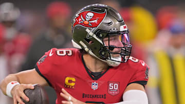Nov 23, 2025; Inglewood, California, USA; Tampa Bay Buccaneers quarterback Baker Mayfield (6) looks to pass the ball against the Los Angeles Rams during the second quarter at SoFi Stadium. Mandatory Credit: Jayne Kamin-Oncea-Imagn Images