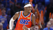 Nov 11, 2024; Oklahoma City, Oklahoma, USA; Oklahoma City Thunder guard Shai Gilgeous-Alexander (2) smiles after scoring against the Los Angeles Clippers during the fourth quarter at Paycom Center. Mandatory Credit: Alonzo Adams-Imagn Images