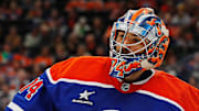 Oct 15, 2024; Edmonton, Alberta, CAN; Edmonton Oilers goaltender Stuart Skinner (74) waits for play to begin against the Philadelphia Flyers at Rogers Place. Mandatory Credit: Perry Nelson-Imagn Images