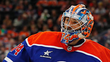 Oct 15, 2024; Edmonton, Alberta, CAN; Edmonton Oilers goaltender Stuart Skinner (74) waits for play to begin against the Philadelphia Flyers at Rogers Place. Mandatory Credit: Perry Nelson-Imagn Images