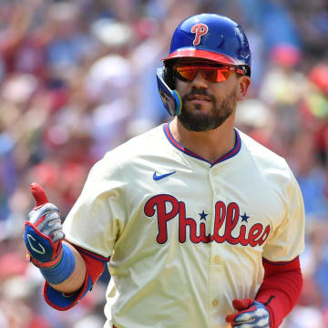 Philadelphia Phillies designated hitter Kyle Schwarber (12) watches his two-run home run against the Cleveland Guardians during the third inning at Citizens Bank Park on July 28.