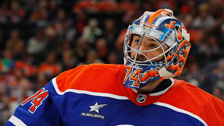 Oct 15, 2024; Edmonton, Alberta, CAN; Edmonton Oilers goaltender Stuart Skinner (74) waits for play to begin against the Philadelphia Flyers at Rogers Place. Mandatory Credit: Perry Nelson-Imagn Images