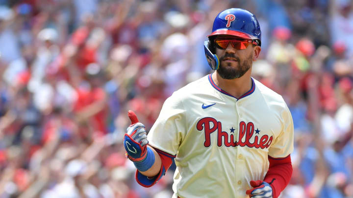 Philadelphia Phillies designated hitter Kyle Schwarber (12) watches his two-run home run against the Cleveland Guardians during the third inning at Citizens Bank Park on July 28.