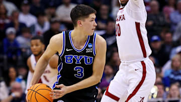 Mar 27, 2025; Newark, NJ, USA; Brigham Young Cougars guard Egor Demin (3) handles the ball against Alabama Crimson Tide forward Mouhamed Dioubate (10) during the second half during an East Regional semifinal of the 2025 NCAA tournament at Prudential Center. Mandatory Credit: Vincent Carchietta-Imagn Images