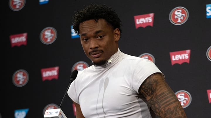 Jun 10, 2025; Santa Clara, CA, USA; San Francisco 49ers cornerback Deommodore Lenoir speaks to the media following an OTA at Levi's Stadium. Mandatory Credit: D. Ross Cameron-Imagn Images Jun 10, 2025; Santa Clara, CA, USA; San Francisco 49ers cornerback Deommodore Lenoir speaks to the media following an OTA at Levi's Stadium. Mandatory Credit: D. Ross Cameron-Imagn Images